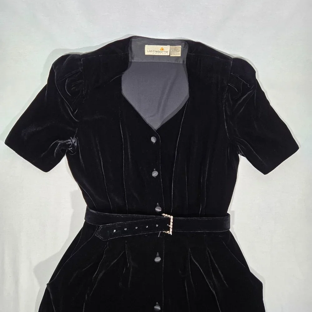 VINTAGE Academia Y2K Sirencore BLACK VELVET Pocket Belt Midi Dress Women Size 10 - Picture 9 of 16